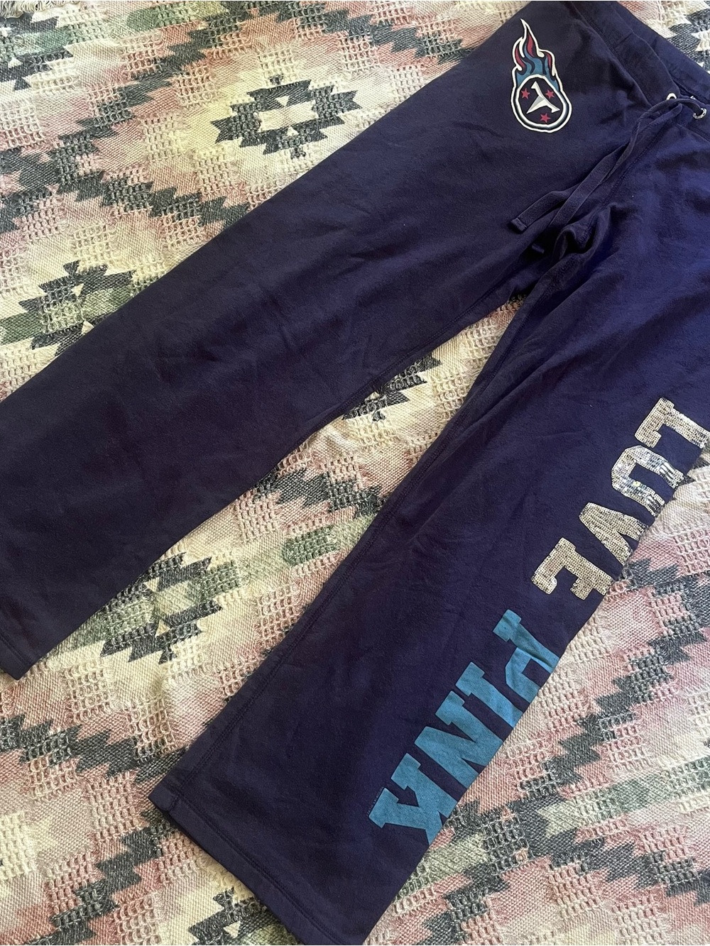 Victoria’s Secret Sparkly 2011 low rise flare wide leg sweats NFL Titans collab.